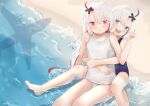  2girls absurdres aircraft airplane azur_lane barefoot beach black_ribbon blue_eyes eyebrows_visible_through_hair flat_chest from_above hair_between_eyes highres leg_ribbon libeccio_(azur_lane) libeccio_(beachbound_southwestern_wind!)_(azur_lane) long_hair looking_at_viewer looking_up maestrale_(azur_lane) maestrale_(lonesome_beachfarer)_(azur_lane) mukaino_kei multicolored_hair multiple_girls ocean open_mouth red_eyes ribbon sand school_swimsuit shadow short_hair sitting smile swimsuit thigh_ribbon two-tone_hair water white_swimsuit 
