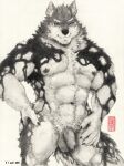  abs anthro balls canid canine canis claws domestic_dog flaccid foreskin genitals greyscale hi_res husky lifewonders live-a-hero male mammal monochrome monomasa muscular muscular_anthro muscular_male nipples nordic_sled_dog nude pecs penis solo spitz toronoeroaka traditional_media_(artwork) video_games 