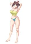  1girl adjusting_hair aqua_panties armpits arms_up bare_legs barefoot blue_eyes breasts brown_hair choker full_body highres large_breasts looking_at_viewer mazaki_anzu midriff ozaneko panties pink_choker ponytail shadow shirt simple_background smile solo standing strapless tube_top underwear white_background yellow_shirt yu-gi-oh! yu-gi-oh!_duel_monsters yu-gi-oh!_the_dark_side_of_dimensions 