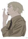  &gt;:( 1boy blonde_hair cigarette clenched_teeth facial_hair from_side frown hand_up highres holding holding_cigarette male_focus necktie one_piece sanji solo teeth ufkqz v-shaped_eyebrows 