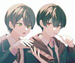  2boys bandaged_hand bandages biting black_hair blazer food green_eyes grey_hair hood hoodie jacket kenmochi_touya kuzuha_(nijisanji) male_focus multiple_boys necktie nijisanji pocky pzmnb red_eyes sharing_food virtual_youtuber 