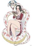  1girl bangs black_hair blush boa_hancock cape chinese_clothes crossed_legs hands_on_own_face highres long_hair one_piece parted_bangs parted_lips poster_(object) reading salome_(one_piece) sitting skull snake ufkqz white_background 