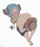  antlers antlers_through_headwear applying_bandaid bandaid barefoot from_above hat highres male_focus monkey_d._luffy one_piece reindeer reindeer_antlers shorts straw_hat tony_tony_chopper topless_male ufkqz white_background 
