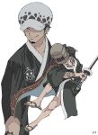  basket fighting hat highres holding holding_sword holding_weapon japanese_clothes kimono male_focus multiple_views one_piece sandals smirk solo sword tattoo trafalgar_law ufkqz weapon white_background 