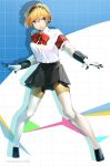  1girl absurdres aegis_(persona) android blonde_hair blue_eyes bow full_body gekkoukan_high_school_uniform hairband headphones highres joints nakano_maru persona persona_3 ribbon robot_joints school_uniform short_hair skirt solo 