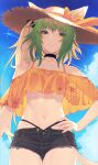  1girl animal_ears atalanta_(fate) bangs bare_shoulders black_choker black_shorts blonde_hair cat_ears cat_girl cat_tail choker closed_mouth eyebrows_visible_through_hair fate/grand_order fate_(series) floral_print green_eyes green_hair hand_on_hip hat highres hikichi_sakuya looking_at_viewer multicolored_hair navel off_shoulder short_shorts shorts sky smile solo straw_hat tail 