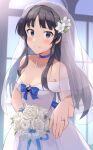  1girl absurdres bangs black_hair blue_bow blue_eyes blunt_bangs blush bouquet bow breasts bridal_veil cleavage closed_mouth commentary_request dress eyebrows_visible_through_hair flower happy_tears highres holding holding_bouquet idolmaster idolmaster_million_live! indoors jewelry long_hair looking_at_viewer medium_breasts mogami_shizuka necklace pearl_necklace ring shuucream_(syuichi) smile solo tears veil wedding_dress wedding_ring white_dress 