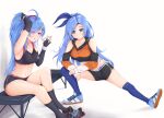  2girls absurdres ahoge alternate_costume azur_lane bare_shoulders bench black_footwear black_gloves black_legwear black_sports_bra blue_hair borrowed_character bow_hairband breasts clothing_cutout crop_top cross-laced_footwear crossover dolphin_shorts elbow_gloves english_commentary eyebrows_visible_through_hair eyes_visible_through_hair fingerless_gloves full_body gloves hairband helena_(azur_lane) highres kyl490 long_hair long_sleeves medium_breasts midriff minah_(chaesu) multiple_girls orange_sports_bra original purple_eyes purple_hairband red_hairband rubber_band shoes shorts shoulder_cutout simple_background sitting sneakers socks sports_bra sportswear stretch tank_top tying_hair white_background wristband 