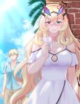  alternate_costume bare_shoulders blonde_hair blue_shirt blue_sky blush breasts brick_wall brown_shorts closed_mouth cloud collarbone commentary_request dress fairy_knight_gawain_(fate) fate/grand_order fate_(series) gawain_(fate) green_eyes hair_ornament heterochromia holding holding_paper large_breasts outdoors paper red_eyes saksan123 shirt shorts sky sunlight white_dress 