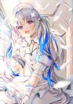  1girl absurdres amane_kanata armband bandaged_arm bandages blue_hair colored_inner_hair dress feathered_wings feathers gloves grey_hair hair_ornament hat highres holding holding_syringe hololive long_hair mugicho_(kdks5554) multicolored_hair nurse_cap pantyhose purple_eyes solo syringe twintails very_long_hair virtual_youtuber white_dress white_gloves wings x_hair_ornament 