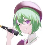  1girl green_hair hand_up hat holding holding_microphone indie_virtual_youtuber looking_at_viewer microphone milim_nova multicolored_hair one_eye_closed purple_eyes short_hair simple_background smile solo streaked_hair terumi_koizumi white_background 