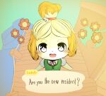  animal_crossing anthro blush canid canine canis domestic_dog female first_person_view flower francat hi_res isabelle_(animal_crossing) mammal name_in_dialogue nintendo perspective plant smile solo speech_bubble text text_box video_games 