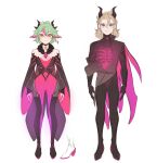  1boy 1girl albedo_(genshin_impact) aleikats alternate_costume alternate_universe animal_ears bare_shoulders black_gloves blonde_hair dragon_boy dragon_girl dragon_horns full_body gem genshin_impact gloves green_hair highres horns light_purple_eyes long_sleeves looking_at_viewer off_shoulder orange_eyes pelvic_curtain short_hair simple_background standing star_(symbol) sucrose_(genshin_impact) white_background wide_sleeves 