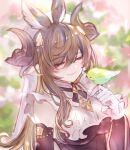  1girl animal_ears artist_name asymmetrical_legwear bare_shoulders bird blurry blurry_background blush breasts brown_hair closed_eyes commentary_request curled_horns detached_sleeves extra_ears eyebrows_visible_through_hair frilled_sleeves frills galleon_(granblue_fantasy) gloves granblue_fantasy hair_between_eyes highres horns lala_(0915_yu) large_breasts long_hair multicolored_hair outdoors pointy_ears sideboob single_thighhigh smile solo streaked_hair thigh_strap thighhighs upper_body veil very_long_hair white_gloves 