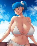  1girl absurdres bikini blue_hair breasts erkaz eyebrows_visible_through_hair highres huge_breasts looking_to_the_side original outdoors red_eyes rina_atherina short_twintails swimsuit towel_around_waist twintails 