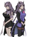  2girls arknights bangs black_dress black_gloves black_legwear black_necktie bracelet braid closed_mouth commentary_request dress eyebrows_visible_through_hair flower gloves hibiscus highres horns inu_to_milk jewelry lava_(arknights) lava_the_purgatory_(arknights) long_hair long_sleeves multiple_braids multiple_girls necktie pointy_ears purple_eyes purple_hair siblings sisters thigh_strap thighhighs twins twitter_username white_background 