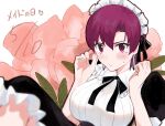  1girl alternate_costume bazett_fraga_mcremitz blue_molmotto blush breasts dated dress earrings enmaided fate/hollow_ataraxia fate_(series) fingernails floral_background highres jewelry large_breasts maid maid_day maid_headdress mole mole_under_eye purple_eyes purple_hair short_hair 