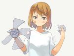  1girl alternate_costume bandaid bandaid_on_face brown_eyes brown_hair commentary_request fan_blade holding kantai_collection kusakabe_(kusakabeworks) looking_at_viewer oboro_(kancolle) shirt short_hair simple_background solo t-shirt white_background white_shirt 