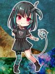 1girl bangs belt black_belt black_dress black_footwear black_hair blue_hair blue_legwear blush chibi closed_mouth commentary_request demon_girl demon_horns demon_tail dress eye_hair_ornament eye_of_providence eyebrows_visible_through_hair fang flat_chest full_body grey_horns highres horns lace-trimmed_dress lace_trim looking_at_viewer medium_hair multicolored_hair official_alternate_costume one_side_up outline pointy_ears red_eyes shishio_chris shoes short_sleeves single_thighhigh smile sneakers solo sugar_lyric tail thighhighs two-tone_hair usaba_(usabara_c) virtual_youtuber white_outline 