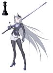  1girl absurdres armor breastplate chess_piece closed_mouth contrapposto crown full_body grey_hair high_heels highres holding holding_sword holding_weapon long_hair long_sword looking_at_viewer milim_nova original over_shoulder pants personification pointy_ears purple_eyes rook_(chess) simple_background solo standing sword thighhighs very_long_hair weapon weapon_over_shoulder white_background white_pants zweihander 