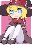 1girl :d bangs black_capelet black_footwear black_gloves black_headwear black_skirt blonde_hair blue_eyes blush_stickers border bow bowtie braid capelet chibi commentary_request cookie_(touhou) elbow_gloves eyebrows_visible_through_hair gloves hair_bow happy hat hat_bow hospital_king kirisame_marisa knees_up looking_at_viewer mary_janes medium_hair meguru_(cookie) open_mouth pantyhose pink_background purple_bow red_bow red_bowtie shoes single_braid sitting skirt smile solo thick_eyebrows touhou white_border white_legwear witch_hat 