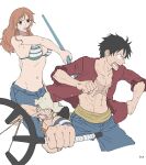  aiming bikini bikini_top_only black_hair clenched_hands fighting_stance hat highres long_hair monkey_d._luffy nami_(one_piece) one_piece open_clothes open_mouth open_shirt orange_hair pants scar scar_on_chest slingshot staff swimsuit ufkqz usopp 