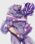  abs anthro armor balls bathym blush bodily_fluids canid canine canis crazy_sll demon erection fur genital_fluids genitals hi_res horn licking licking_lips lifewonders looking_at_viewer male mammal muscular muscular_anthro muscular_male pecs penis precum purple_body purple_fur solo tokyo_afterschool_summoners tongue tongue_out unconvincing_armor video_games wolf 