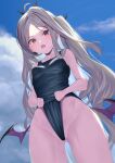  1girl absurdres ahoge ass_visible_through_thighs bare_shoulders black_swimsuit black_wings blue_archive blue_sky cloud cloudy_sky collarbone demon_wings eyebrows_visible_through_hair from_below grey_hair highres hina_(blue_archive) long_hair low_wings mini_wings open_mouth osanpo02 outdoors purple_eyes purple_wings sky solo sweat swimsuit twintails very_long_hair wings 