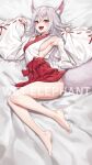  1girl :d animal_ear_fluff animal_ears armpits artist_name bare_legs bare_shoulders barefoot bed_sheet blush bow breasts detached_sleeves fangs fox_ears fox_girl fox_tail full_body grey_hair hakama highres japanese_clothes kimono large_breasts long_hair long_sleeves lying no_panties on_bed on_side open_mouth original red_bow red_hair red_hakama red_ribbon ribbon ribbon-trimmed_sleeves ribbon_trim sideboob sideless_outfit sleeves_past_wrists smile tail teeth upper_teeth upskirt wet.elephant white_kimono wide_sleeves 