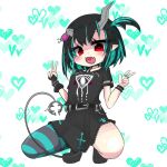  1girl :d bangs black_dress black_footwear black_hair black_legwear blue_hair blush commentary_request cross_print demon_girl demon_horns demon_tail double_v dress eye_hair_ornament eye_of_providence eyebrows_visible_through_hair flat_chest full_body gomipanda grey_legwear heart heart-shaped_pupils heart_background heart_in_mouth highres horns jewelry lace-trimmed_dress lace_trim looking_at_viewer medium_hair multicolored_hair official_alternate_costume one_side_up open_mouth pointy_ears red_eyes ring shishio_chris shoes short_sleeves single_thighhigh smile sneakers solo squatting sugar_lyric symbol-shaped_pupils tail thighhighs two-tone_hair v virtual_youtuber white_background 