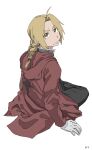  1boy ahoge bangs blonde_hair braid coat edward_elric fullmetal_alchemist gloves highres long_sleeves looking_at_viewer looking_back male_focus parted_bangs red_coat sitting solo ufkqz white_background yellow_eyes 