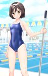  1girl absurdres black_hair blue_sky blue_swimsuit cameltoe cloud commentary_request competition_school_swimsuit cowboy_shot day fantia_commission feet_out_of_frame grin hairband highres kantai_collection lane_line looking_at_viewer mop outdoors pool school_swimsuit short_hair sky smile solo string_of_flags swimsuit takafumi tanikaze_(kancolle) white_hairband yellow_eyes 