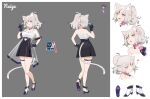  1girl :d animal_ears bare_shoulders black_skirt braid breasts cat_ears cat_tail character_name character_sheet choker cleavage closed_mouth color_guide commission concept_art contrapposto grey_hair hand_on_hip heart high_heels highres holding large_breasts looking_at_viewer medium_hair milim_nova miniskirt mole mole_under_eye multiple_views open_mouth original pink_choker pink_eyes ponytail purple_footwear shoes skirt smile spoken_heart syringe tail thigh_strap 