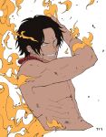  1boy arm_up bead_bracelet beads black_eyes black_hair bracelet fire freckles grin highres jewelry male_focus one_piece portgas_d._ace smile solo topless_male ufkqz white_background 