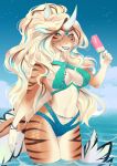  2022 5_fingers anthro blonde_hair blue_eyes breasts clothed clothing digital_media_(artwork) eyebrows eyelashes female fingers hair hi_res horn hybrid navel smile solo sorafoxyteils 