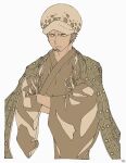  1boy crossed_arms facial_hair frown grey_background hat highres japanese_clothes kimono male_focus muted_color one_piece simple_background solo trafalgar_law ufkqz white_headwear 