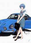  1girl absurdres aishiteiruyo ayanami_rei bag barefoot blue_hair bow car ground_vehicle highres motor_vehicle neon_genesis_evangelion red_bow red_eyes renault renault_alpine_a110 school_bag short_hair uniform vans walking 