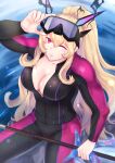  1girl adjusting_goggles blonde_hair bodysuit breasts chain cleavage collarbone commentary_request fairy_knight_gawain_(fate) fate/grand_order fate_(series) fish goggles goggles_on_head highres large_breasts long_hair one_eye_closed red_eyes saksan123 solo swimsuit water wet wetsuit 
