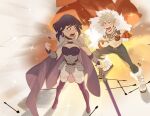  1boy 1girl aleikats alternate_universe armor bakugou_katsuki belt blonde_hair boku_no_hero_academia boots breasts cape cleavage dark_blue_hair earrings full_body fur-trimmed_boots fur-trimmed_cape fur_trim highres holding holding_sword holding_weapon jewelry jirou_kyouka looking_at_another magatama magatama_earrings medium_breasts necklace official_alternate_costume open_mouth pants purple_footwear red_cape red_eyes sharp_teeth short_hair standing sword teeth thigh_boots weapon white_footwear white_pants 