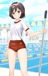  1girl absurdres black_hair blue_sky buruma cloud commentary_request cowboy_shot day fantia_commission feet_out_of_frame grin gym_shirt gym_uniform hairband highres kantai_collection lane_line looking_at_viewer mop outdoors pool red_buruma shirt short_hair sky smile solo string_of_flags t-shirt takafumi tanikaze_(kancolle) white_hairband white_shirt yellow_eyes 
