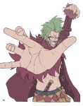  1boy arms_up bartolomeo coat fur_trim green_hair grin long_sleeves male_focus one_piece open_clothes open_shirt piercing sheath sheathed smile solo ufkqz white_background 