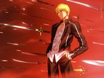  absurdres black_jacket black_pants blonde_hair collarbone cowboy_shot dress_shirt fate/stay_night fate_(series) gae_bolg game_cg gate_of_babylon gilgamesh hands_in_pockets highres jacket male_focus official_art pants parted_lips polearm red_eyes shirt solo spear standing sword takeuchi_takashi weapon white_shirt 