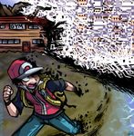  2-bit 2010 alternate_costume baseball_cap commentary digital_dissolve english_commentary gameplay_mechanics glitch hat male_focus missingno. nellie_melton open_mouth pokemon pokemon_(game) pokemon_frlg red_(pokemon) red_(pokemon_frlg) running scared solo vs_seeker 