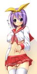  adapted_uniform bangs bar_censor blush breasts censored covered_nipples cowboy_shot crop_top embarrassed fct gradient gradient_background hair_ribbon hairband hand_on_own_stomach hiiragi_tsukasa hips large_breasts long_sleeves looking_at_viewer lucky_star microskirt midriff navel neckerchief no_bra no_panties older pink_neckwear purple_eyes purple_hair pussy red_skirt ribbon ryouou_school_uniform school_uniform see-through serafuku shirt short_hair skirt solo thigh_gap thighhighs translated underboob white_legwear yellow_hairband zettai_ryouiki 