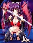 barefoot breasts cameltoe cleavage comic_unreal covered_nipples cum demon_girl earrings elbow_gloves gloves highres jewelry large_breasts natsuka_qya original purple_hair red_eyes solo sword tail toeless_legwear twintails weapon wings 