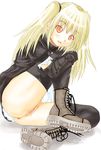  anus black_cat_(series) blonde_hair blush eve_(black_cat) mita_kazuo no_panties pussy red_eyes solo thighhighs twintails uncensored 