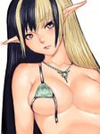  areolae bikini black_hair blonde_hair breast_slip breasts cleavage covered_nipples elf fumio_(rsqkr) head_tilt jewelry large_breasts long_hair micro_bikini multicolored_hair necklace one_breast_out original pendant pointy_ears silver_eyes simple_background solo string_bikini swimsuit two-tone_hair very_long_hair wardrobe_malfunction 