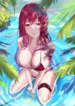  1girl absurdres arm_strap bangs between_legs bikini breasts cleavage collarbone earrings fairy_knight_tristan_(fate) fate/grand_order fate_(series) hair_between_eyes half-closed_eyes hand_between_legs highres jewelry large_breasts leaf long_hair looking_at_viewer navel outdoors partially_submerged red_bikini red_hair ripples side-tie_bikini sitting solo string_bikini sunlight swimsuit thigh_strap toukaiseiya wariza wet wet_hair 
