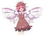  1girl :d animal_ears bangs bird_ears bird_wings blush brown_dress dress earrings eyebrows_visible_through_hair feathered_wings feet_out_of_frame fingernails frilled_sleeves frills gumi_9357 hat head_tilt highres jewelry long_fingernails long_sleeves looking_at_viewer mob_cap mystia_lorelei open_mouth pink_hair sharp_fingernails short_hair simple_background single_earring smile solo touhou upper_body white_background wide_sleeves wings 