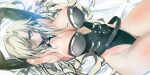  1girl armpits arms_up blue_pupils breasts detached_collar elbow_gloves fate/grand_order fate_(series) gloves grey_eyes grey_hair highleg highleg_leotard highres kriemhild_(fate) large_breasts leotard long_hair lying mole mole_under_eye on_back on_bed strapless strapless_leotard yahoo0124 